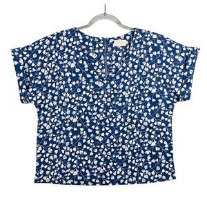 Melloday Blue White Floral V-Neck Short Sleeve Relaxed Fit Blouse Zipper Closure